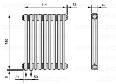 Схема (чертеж) Радиатор Zehnder Charleston 2075/9 №3370 Белый глянцевый RAL 9016